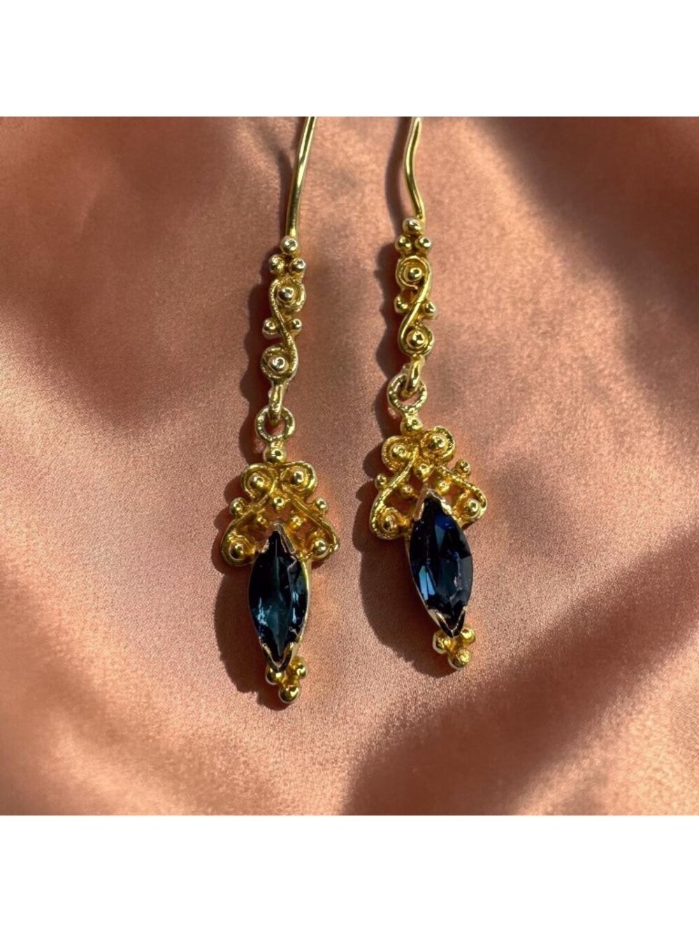 Estate Art Nouveau 14K Gold Sapphire Drop Earrings Romantic Antique Dangles 1.6g